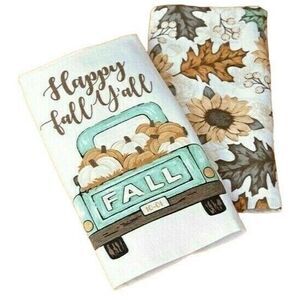 Happy Fall Y'all Kitchen Towels Pumpkins Fall Leaves Blue Retro Truck 2pc Gift